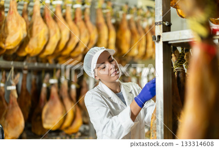 Girl employee checks jamon. Quality control 133314608