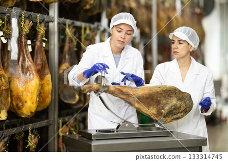Two female factory workers checking jamon on a stand 133314745