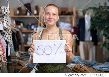 Woman with a sign 50 discount 133314989