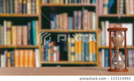Hourglass on Table in Blurred Library Background 3d render. 133314993