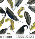 Seamless pattern watercolor illustrations of feathers. Isolated on a transparent background, hand-drawn. For cards, scrapbooking, wallpaper and textiles. 133315123