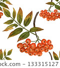 Rowan branch and berries. Watercolor illustration, seamless pattern. Hand-drawn, isolated on a white background. For textiles and scrapbooking.  133315127