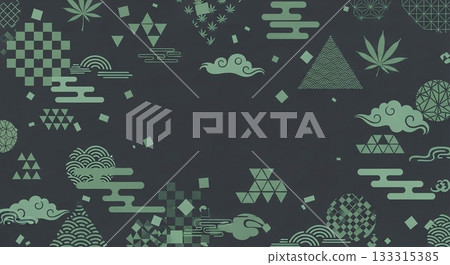 A calming Japanese pattern background with green motifs spread across a deep black background 133315385