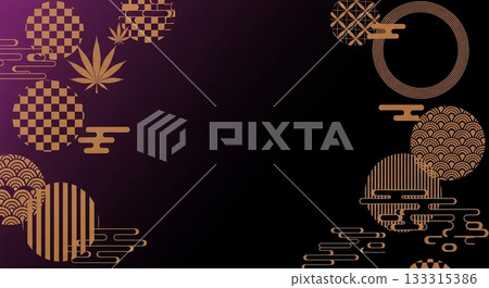 A luxurious Japanese-style background with a black and purple gradient and gold Japanese patterns. 133315386