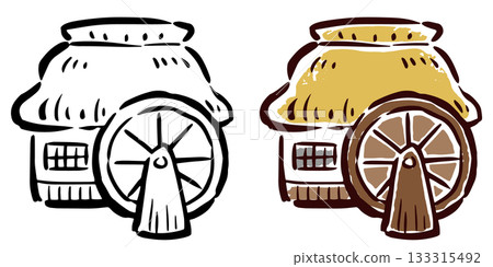 水車 - 手繪筆觸插圖 - 線條藝術和色彩 133315492