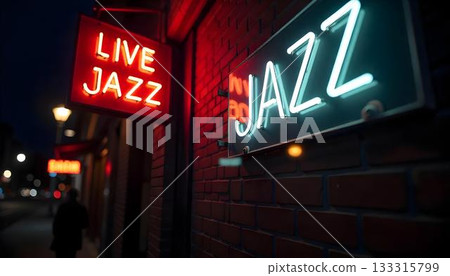 A glowing red neon sign that says Live Jazz shines on a lively city street, inviting passersby to enjoy the music A glowing red neon sign that says Live Jazz shines on a lively city street, inviting passersby to enjoy the music 133315799