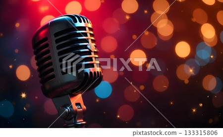 A microphone on stage, with a vibrant audience in the background, celebrating the joy of jazz music at a festival A microphone on stage, with a vibrant audience in the background, celebrating the joy of jazz music at a festival 133315806