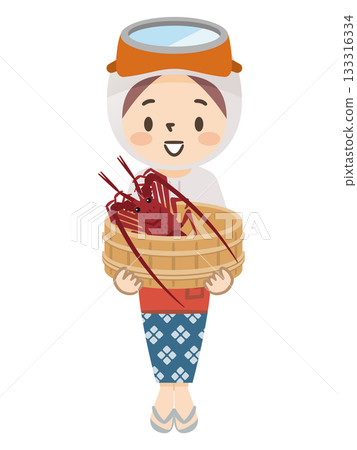 Illustration of a female diver putting spiny lobster into a rocky oak barrel. Mie Prefecture's traditional fishing industry and specialties. 133316334