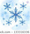 Watercolor illustration of snowflakes in various sizes set against a blue and white backdrop 133316336