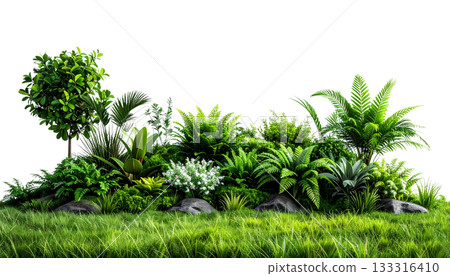 Fresh green grass and bright flowers isolated on white background. Fresh green grass and bright flowers isolated on white background. 133316410