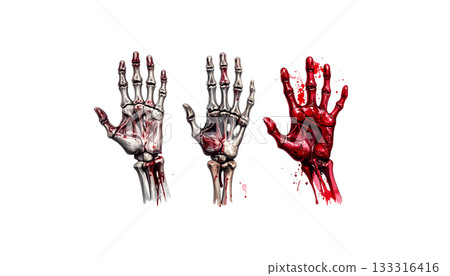 Red palm print with blood and paint splash symbol isolated on white background. 133316416