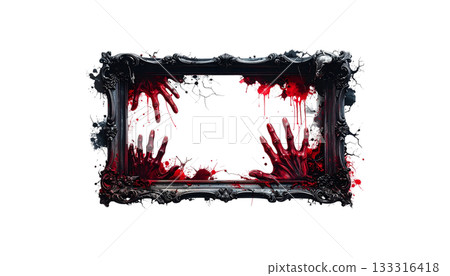 Red palm print with blood and paint splash symbol isolated on white background. Red palm print with blood and paint splash symbol isolated on white background. 133316418