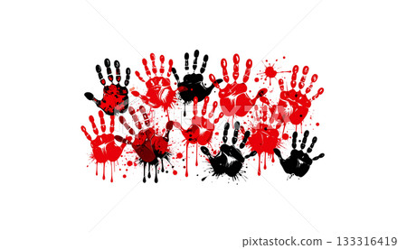 Red palm print with blood and paint splash symbol isolated on white background. Red palm print with blood and paint splash symbol isolated on white background. 133316419