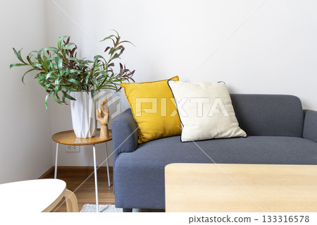 Modern retro concept of home interior with comfortable pillow on sofa, coffee table, plants and carpet. Stylish home decor of living room. Modern retro concept of home interior with comfortable pillow on sofa, coffee table, plants and carpet. Stylish home decor of living room. 133316578