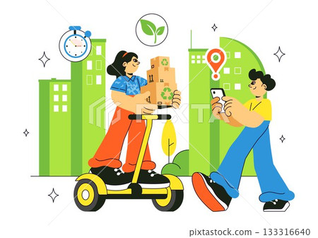 Eco Friendly Shipping Service Illustration Featuring Sustainable Logistics, Green Transport, Urban Delivery, Zero Emission Vehicle In a Background Eco Friendly Shipping Service Illustration Featuring Sustainable Logistics, Green Transport, Urban Delivery, Zero Emission Vehicle In a Background 133316640