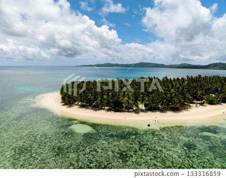 Dense palm trees along sandy coast facing shallow turquoise water with coral reef and horizon view. Siargao, Philippines. Casa Desideria. Dense palm trees along sandy coast facing shallow turquoise water with coral reef and horizon view. Siargao, Philippines. Casa Desideria. 133316859