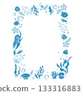 Doodle frame of fish, mermaid, shells, pearls, seaweed and bubbles. Frame on the theme of sea vacation. Vector illustration 133316883