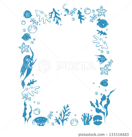 Doodle frame of fish, mermaid, shells, pearls, seaweed and bubbles. Frame on the theme of sea vacation. Vector illustration 133316883