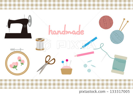 手工工具插圖組:縫紉機、線、針、扣環等。 手工工具插圖組:縫紉機、線、針、扣環等。 133317005