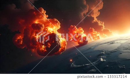 An explosion occurs above Earth, symbolizing the threat of asteroids during International Asteroid Day awareness 133317214