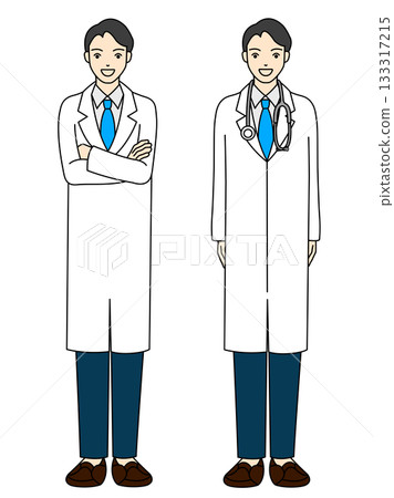 A full-body illustration of a male doctor standing with his arms crossed and a stethoscope around his neck 133317215