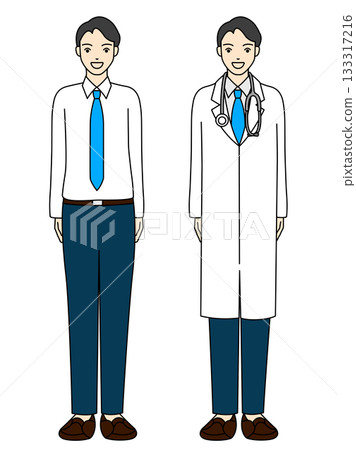 Full-body illustration of a smiling male doctor wearing a tie and Y-shirt and a stethoscope around his neck 133317216