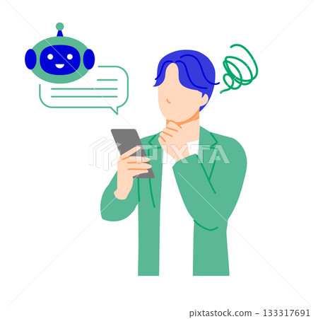 一幅插圖,描繪了一位身著休閒商務裝的商務人士在使用智慧型手機上的人工智慧功能時遇到困難。扁平化設計 一幅插圖,描繪了一位身著休閒商務裝的商務人士在使用智慧型手機上的人工智慧功能時遇到困難。扁平化設計 133317691