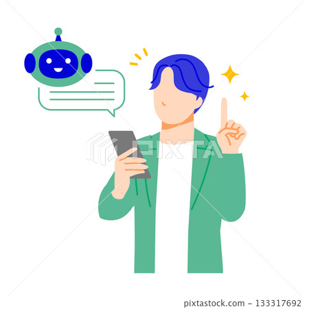 Illustration of a businessman in casual office clothes solving a problem using artificial intelligence on his smartphone. Flat design Illustration of a businessman in casual office clothes solving a problem using artificial intelligence on his smartphone. Flat design 133317692