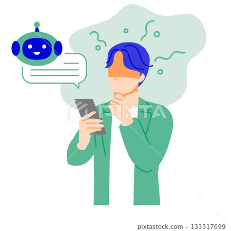 插圖描繪了一位身著休閒辦公服的商務人士正在使用智慧型手機上的人工智慧。 133317699
