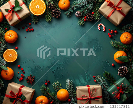 Christmas background with citrus fruits and gift boxes (with copy space) 133317811