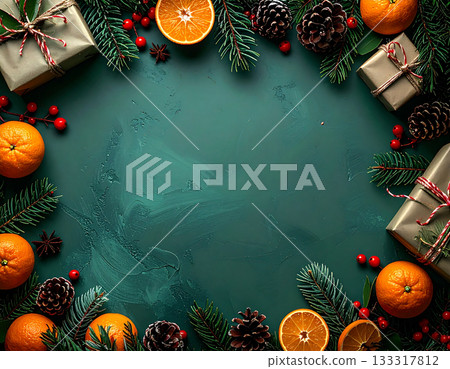 Christmas flat lay gift and orange winter image on green background 133317812