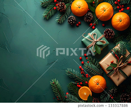 綠色聖誕主題擺拍，包括柑橘類水果和禮盒（左側留白） 133317886