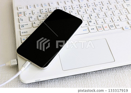 Smartphone connected to computer, sync, transfer, digital device 133317919