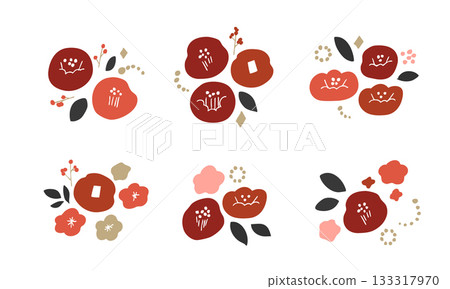 新年山茶花插畫邊框。日式植物邊框,適用於新年賀卡。北歐風格的山茶花和植物。 新年山茶花插畫邊框。日式植物邊框,適用於新年賀卡。北歐風格的山茶花和植物。 133317970