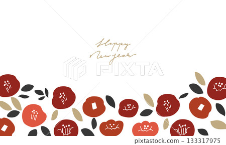 New Year's camellia illustration frame. Japanese-style plant frame for New Year's cards. Scandinavian style camellia and plants. New Year's camellia illustration frame. Japanese-style plant frame for New Year's cards. Scandinavian style camellia and plants. 133317975
