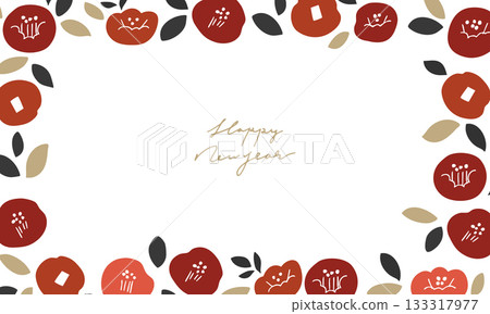 新年山茶花插畫邊框。日式植物邊框,適用於新年賀卡。北歐風格的山茶花和植物。 新年山茶花插畫邊框。日式植物邊框,適用於新年賀卡。北歐風格的山茶花和植物。 133317977