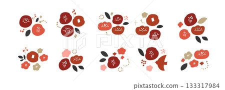 新年山茶花插畫邊框。日式植物邊框,適用於新年賀卡。北歐風格的山茶花和植物。 新年山茶花插畫邊框。日式植物邊框,適用於新年賀卡。北歐風格的山茶花和植物。 133317984