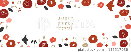 新年山茶花插畫邊框。日式植物邊框,適用於新年賀卡。北歐風格的山茶花和植物。 新年山茶花插畫邊框。日式植物邊框,適用於新年賀卡。北歐風格的山茶花和植物。 133317986