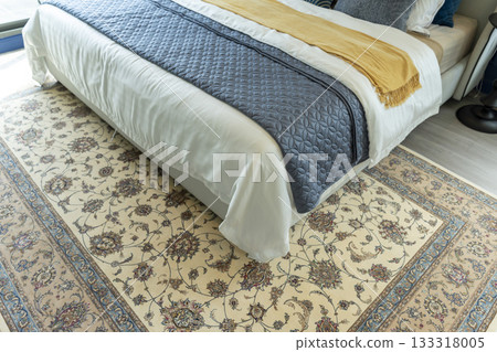 Traditional Arabic woven rug in beautiful bedroom. 133318005