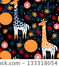 A bright decorative pattern featuring giraffes, flowers, and bold circular elements on a dark background. Perfect for fabrics, packaging, and kids products 133318054