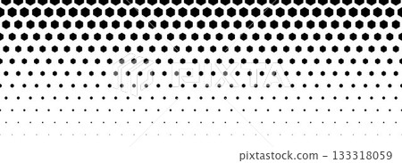 Black hexagon gradient texture. Fading honeycomb pattern background. Geometric hexagonal halftone tech overlay backdrop. Abstract grunge halfton wallpaper. Vector retro technology dot texure 133318059
