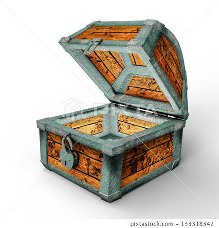 Open Wooden Treasure Chest with Metal Details Isolated on White Background. 3D Illustration. File with Clipping Path Open Wooden Treasure Chest with Metal Details Isolated on White Background. 3D Illustration. File with Clipping Path 133318342