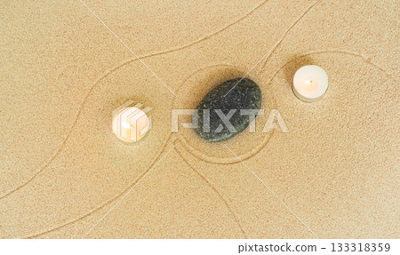 Zen Garden Candle Sand Background Japanese Balance Meditation Relax Buddhism Spirituality, Pattern Line Wave Mandala Mockup Spa Vacation Yoga Lifestyle Natural Summer, Texture Desert,Aroma Therapy. 133318359