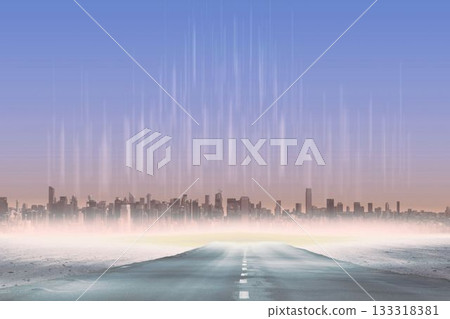 Flat design road stretching through desert toward mist-shrouded futuristic city under light streaks 133318381