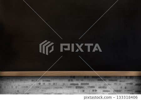 Black chalkboard flat design illustration is featuring wooden ledge over whitewashed brick wall Black chalkboard flat design illustration is featuring wooden ledge over whitewashed brick wall 133318406