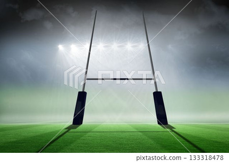 Rugby goal post is standing on striped grass pitch under misty stadium floodlights in flat design 133318478