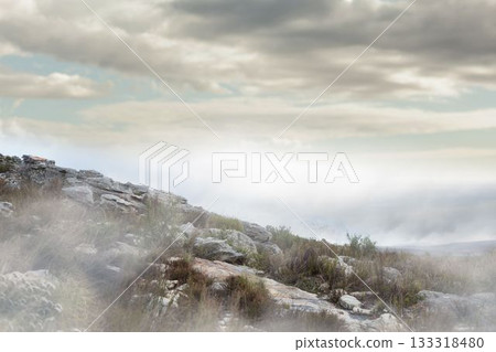 Misty rocky hillside is emerging under overcast clouds in flat design featuring boulders and shrubs Misty rocky hillside is emerging under overcast clouds in flat design featuring boulders and shrubs 133318480