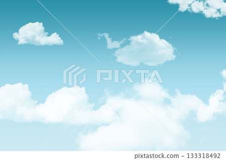 White fluffy cumulus clouds are floating across flat turquoise sky with scattered small clouds 133318492
