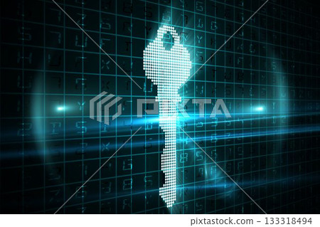 Glowing pixelated key silhouette is floating in flat design code grid, with neon-blue light streaks 133318494