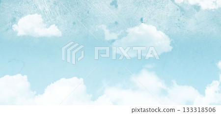Fluffy cumulus clouds drifting across grainy flat design sky with scattered small tufts 133318506